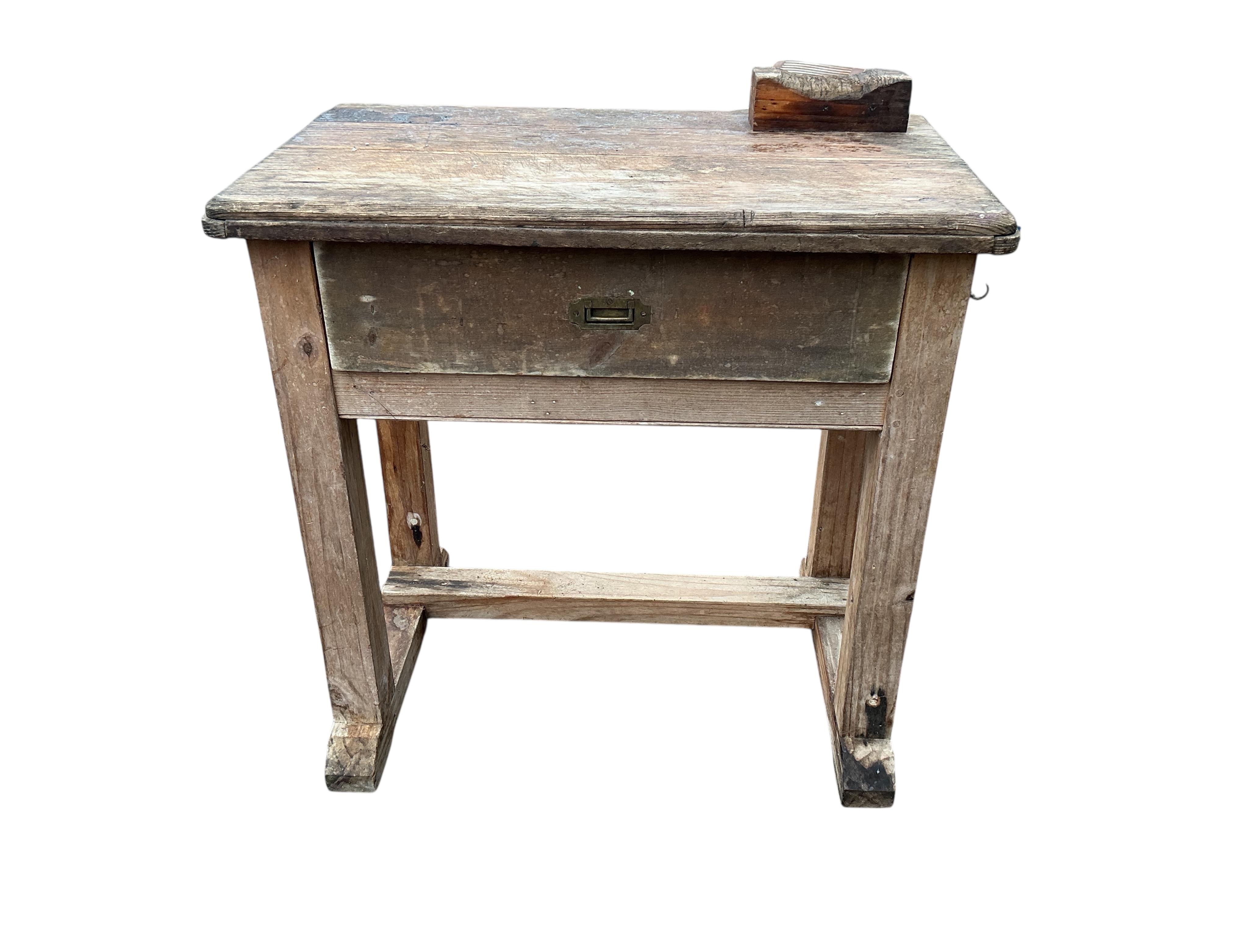 An early 20th century small potting shed work bench with drawer, width 92cm, depth 54cm, height 88cm